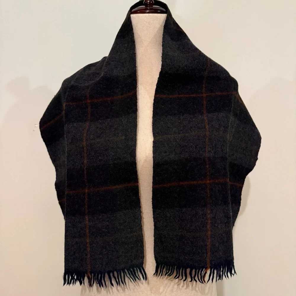 Plaid Wool Scarf with Fringe